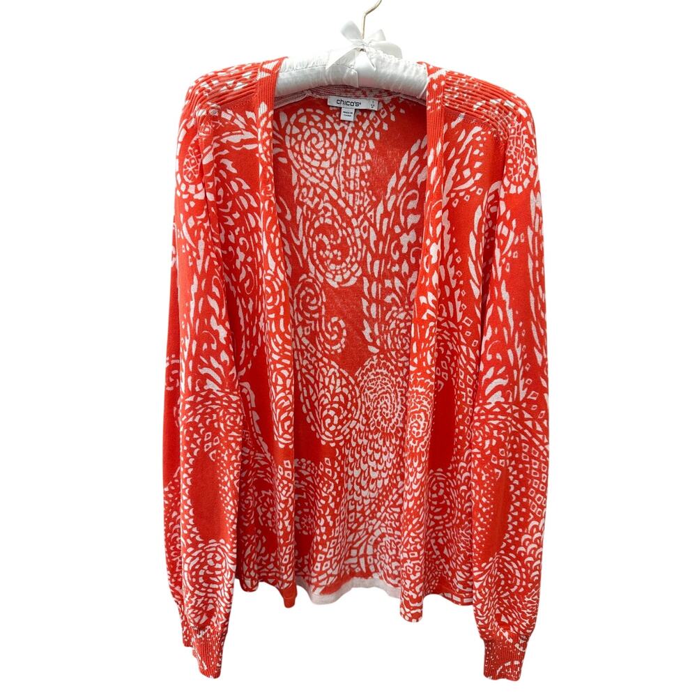 CHICO’S Coral Orange Cotton Paisley Open Front Cardigan Size 1 Medium Workwear
